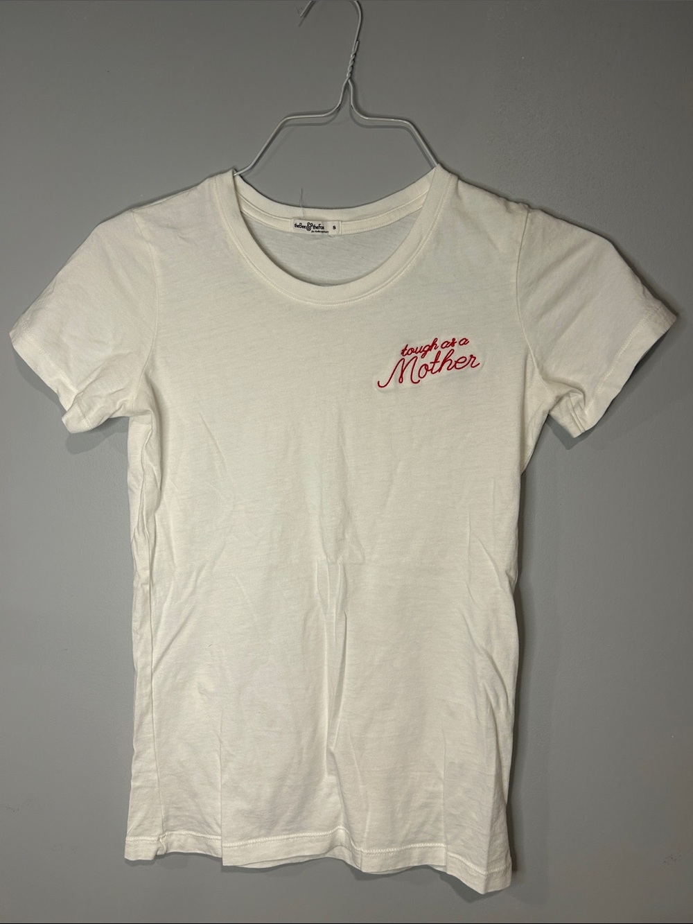 Anthropologie White Tee with Red "Tough as a Mother" Embroidery